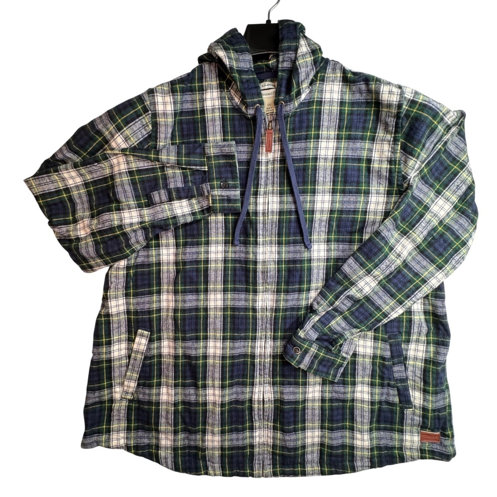 LL Bean Scotch Plaid Hooded Flannel Relaxed Zip Jacket Green Blue 1X Cabin Core